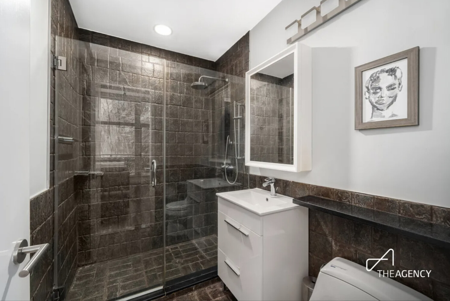 Bathroom with a glass-enclosed dark-tiled shower, white vanity, and framed portrait.