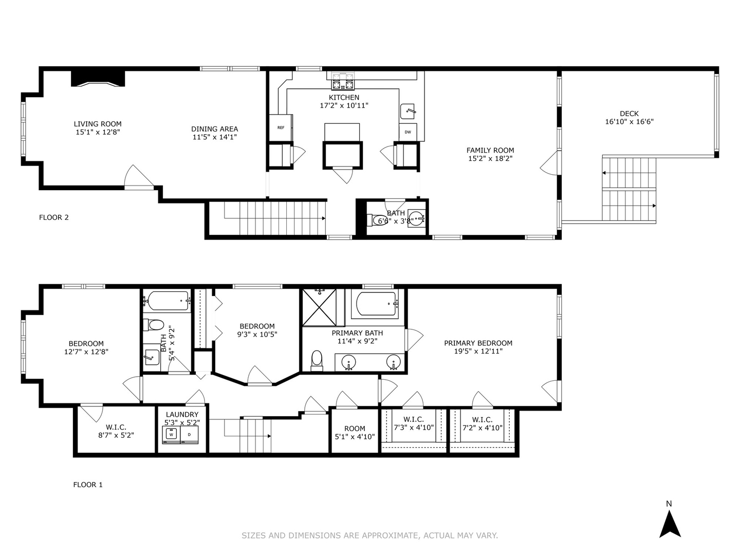 Two-floor home plan with three bedrooms, a deck, room labels, and approximate dimensions.