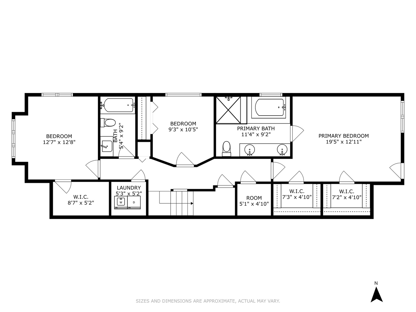 Floor plan showing three bedrooms, two bathrooms, laundry, walk-in closets, and room dimensions.