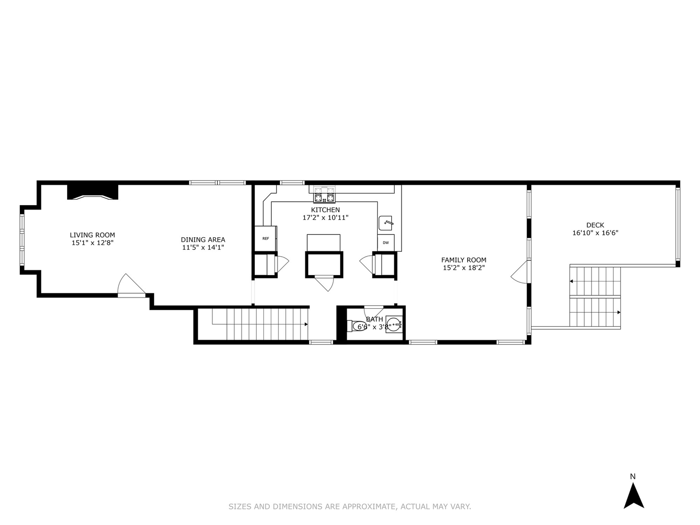 Floor plan with living and dining rooms, kitchen, family room, bathroom, and deck.