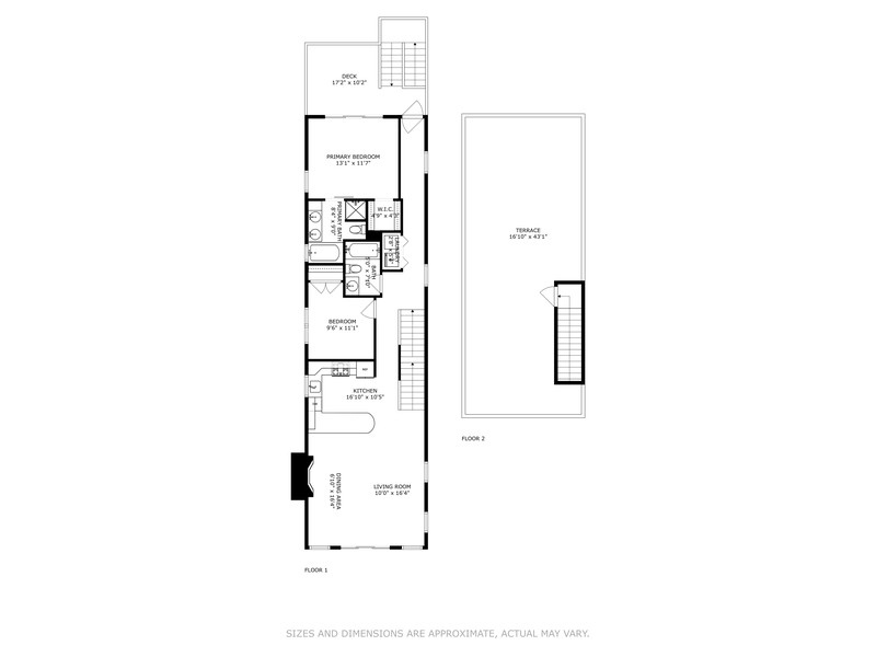 Floor plan showing two bedrooms, a kitchen, living room, deck, and terrace.