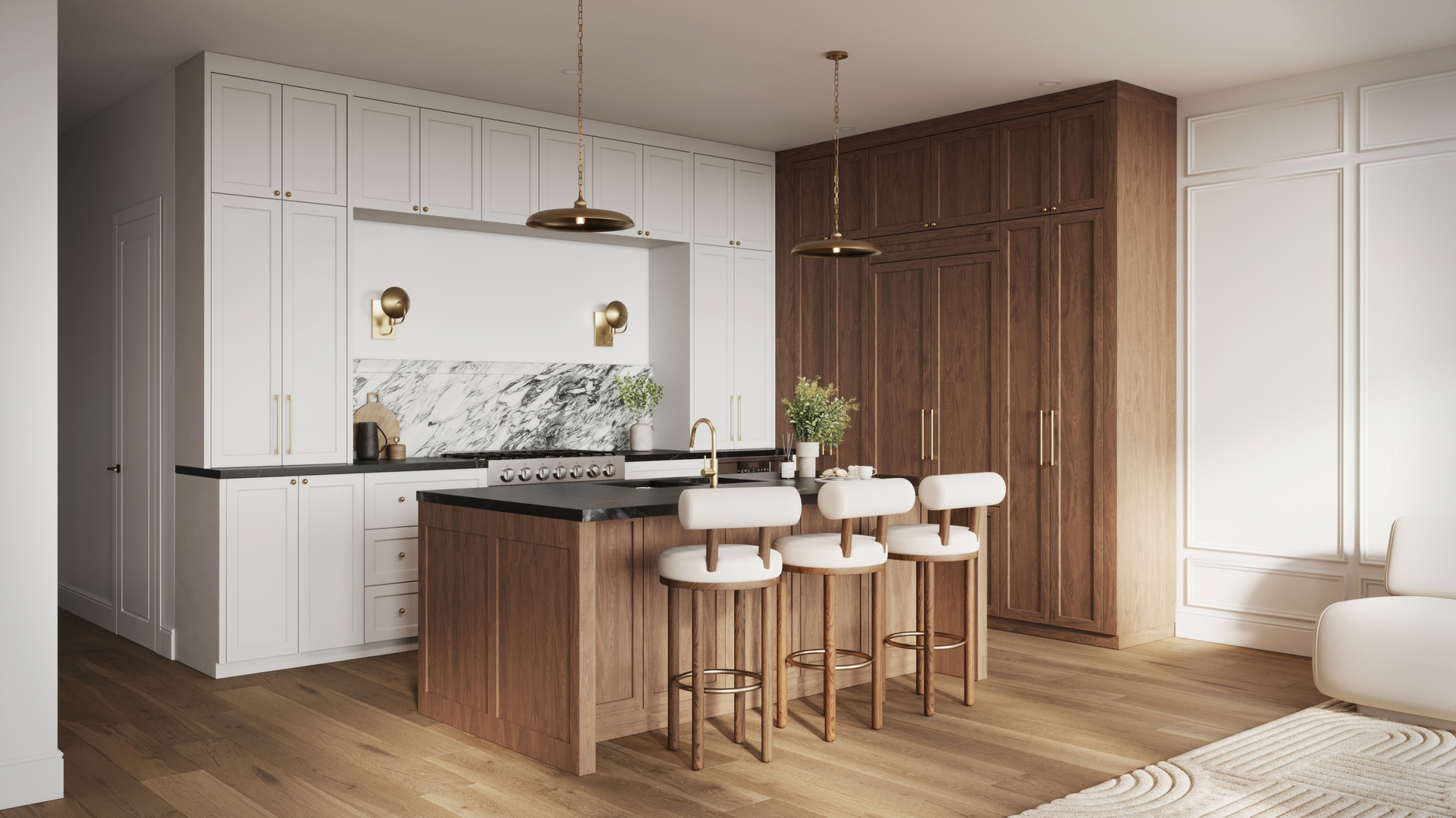Kitchen with a walnut island, white cabinetry, marble backsplash, and three upholstered bar stools.