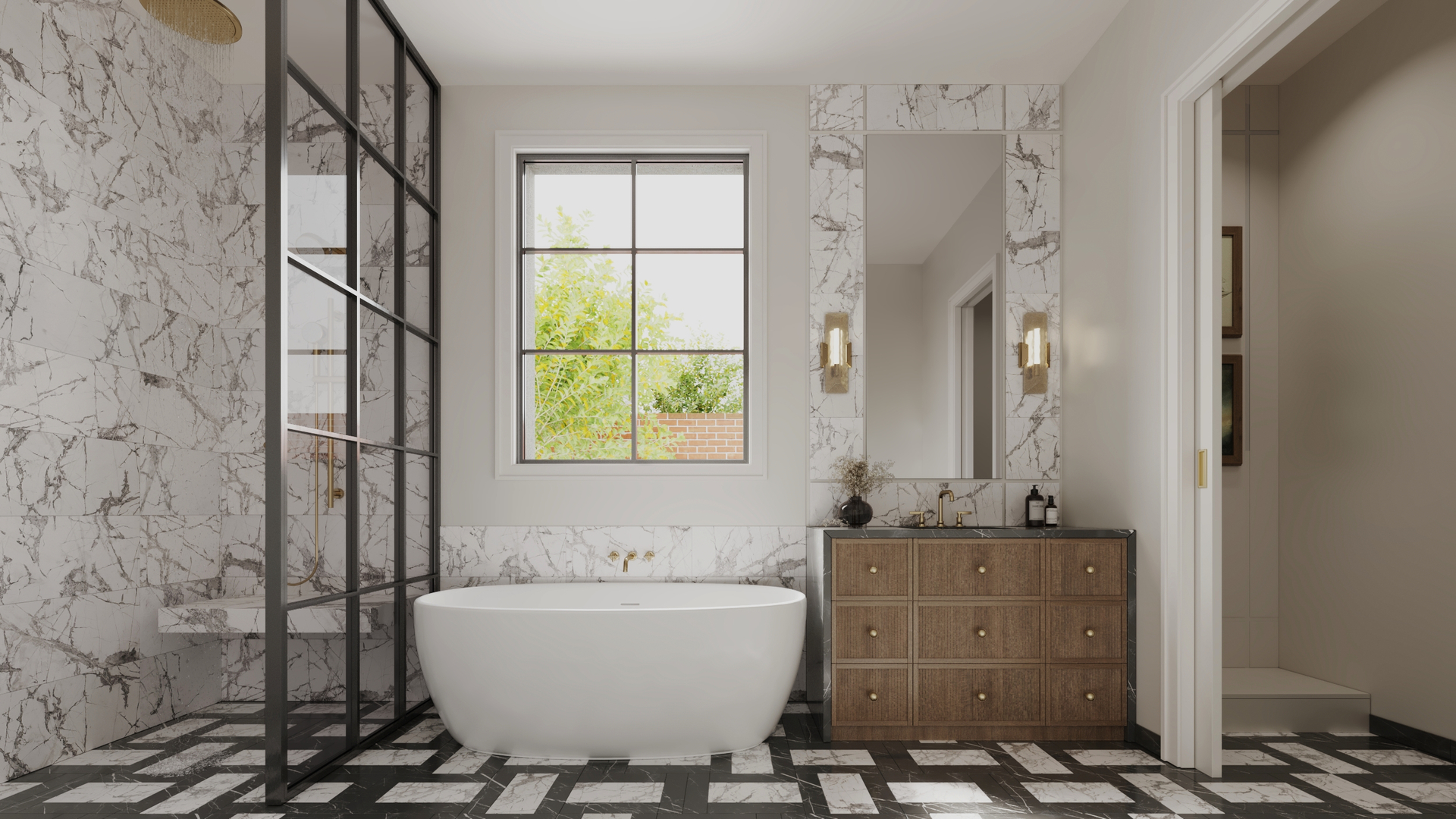 Bathroom with a freestanding soaking tub, black-framed glass shower, and veined marble tile.