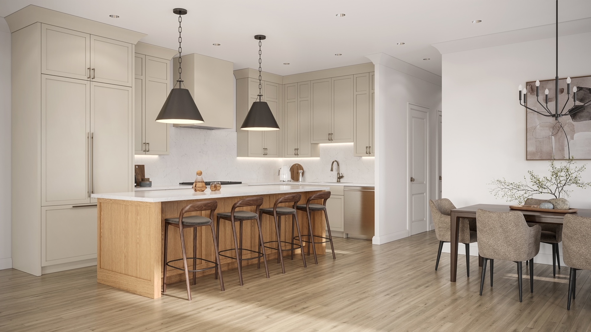 Open-plan kitchen with a wood-paneled island, cream cabinetry, pendant lights, and an adjoining dining area.