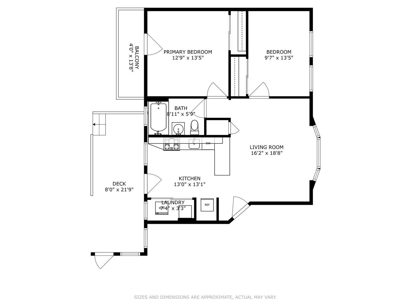 Floor plan showing two bedrooms, one bath, living room, kitchen, laundry, balcony, and deck.