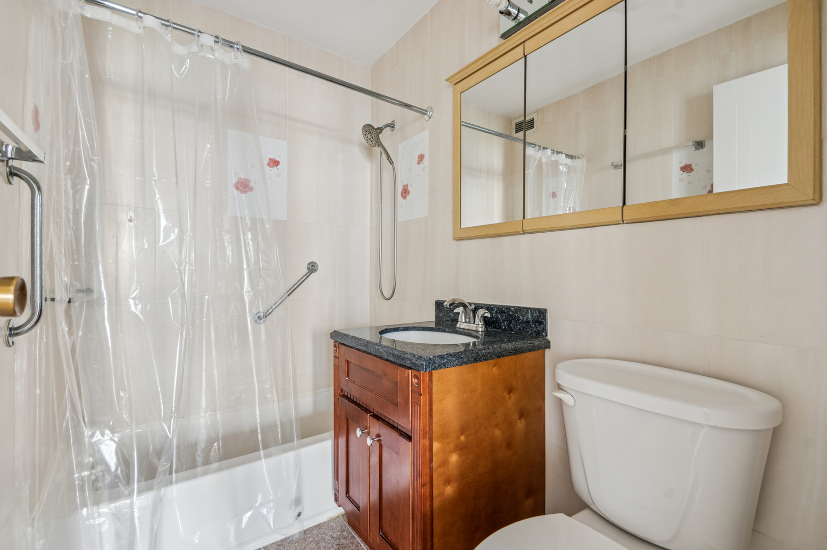 Bathroom with a clear-curtain tub, dark stone vanity, mirrored cabinet, and white toilet.