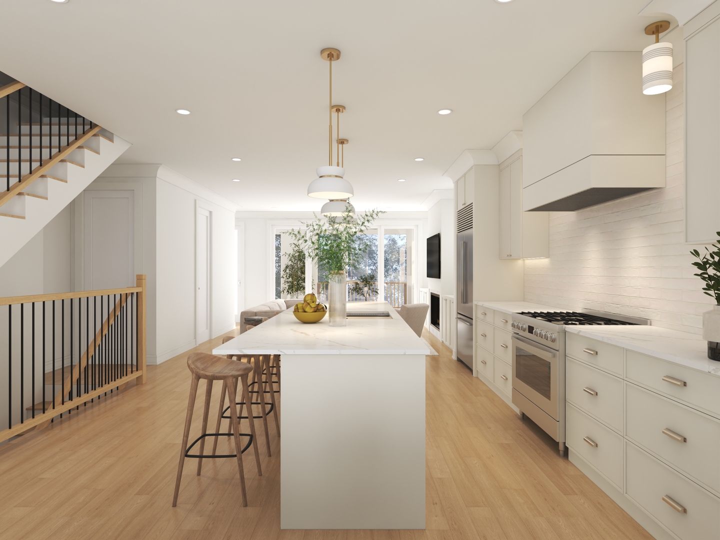 Open-plan kitchen with a large island, white cabinetry, wood stools, and a staircase.