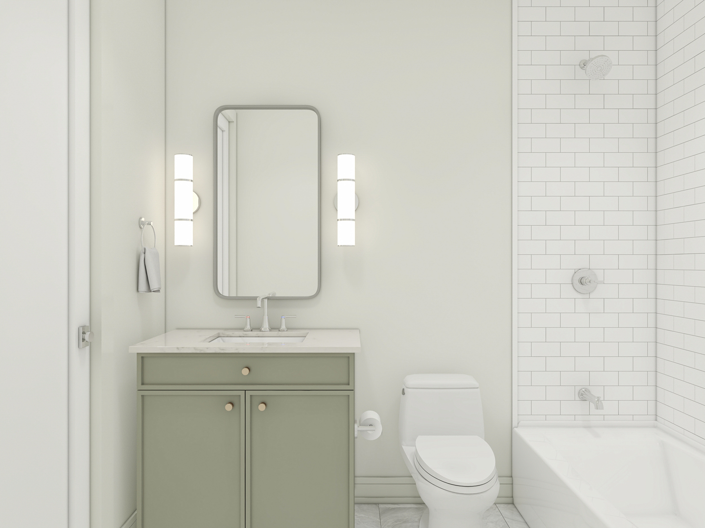 Bathroom with a sage-green vanity, framed mirror, and white subway-tile tub surround.