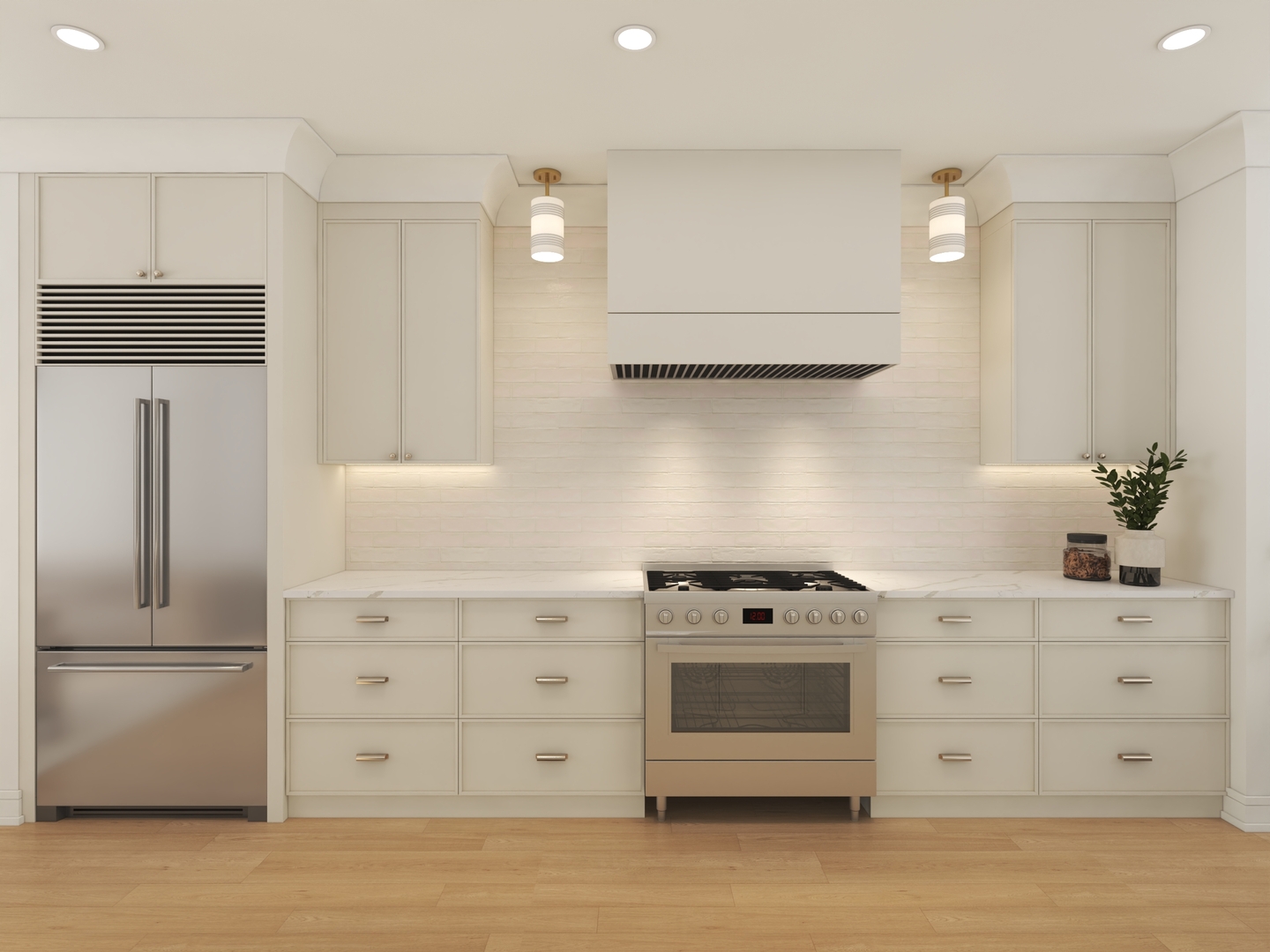 Modern kitchen with pale cabinetry, stainless steel appliances, a wide gas range, and white tile backsplash.
