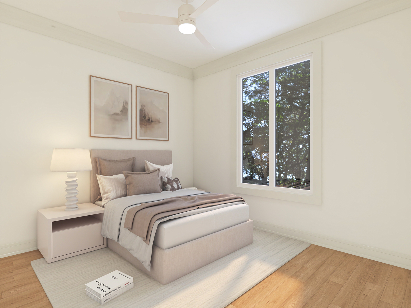 Bedroom with a neutral upholstered bed, framed artwork, and a large window overlooking leafy trees.