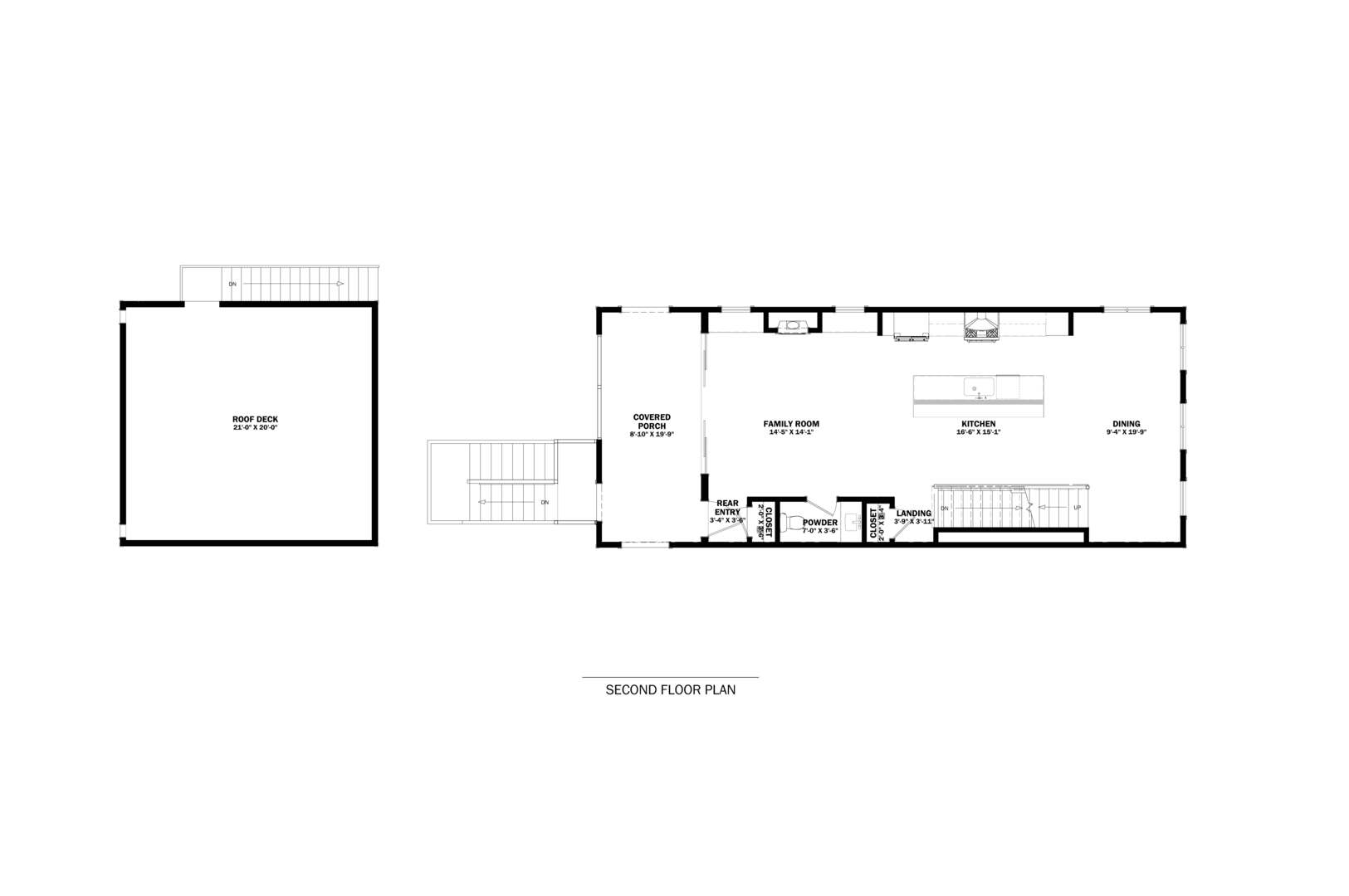 Second-floor plan showing a roof deck, covered porch, open family room, kitchen, and dining area.