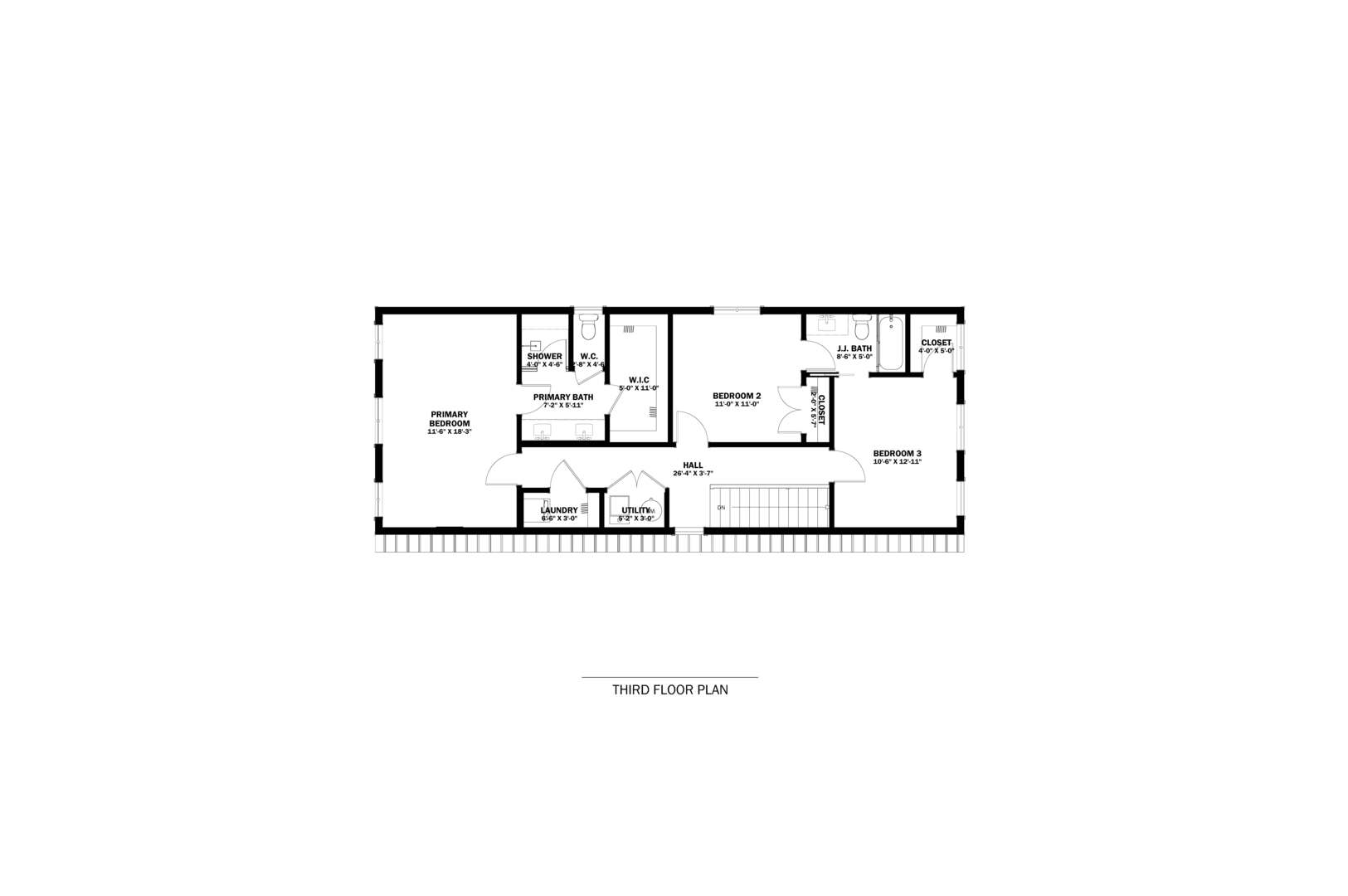 Third-floor plan with three bedrooms, two baths, a laundry room, utility space, and closets.