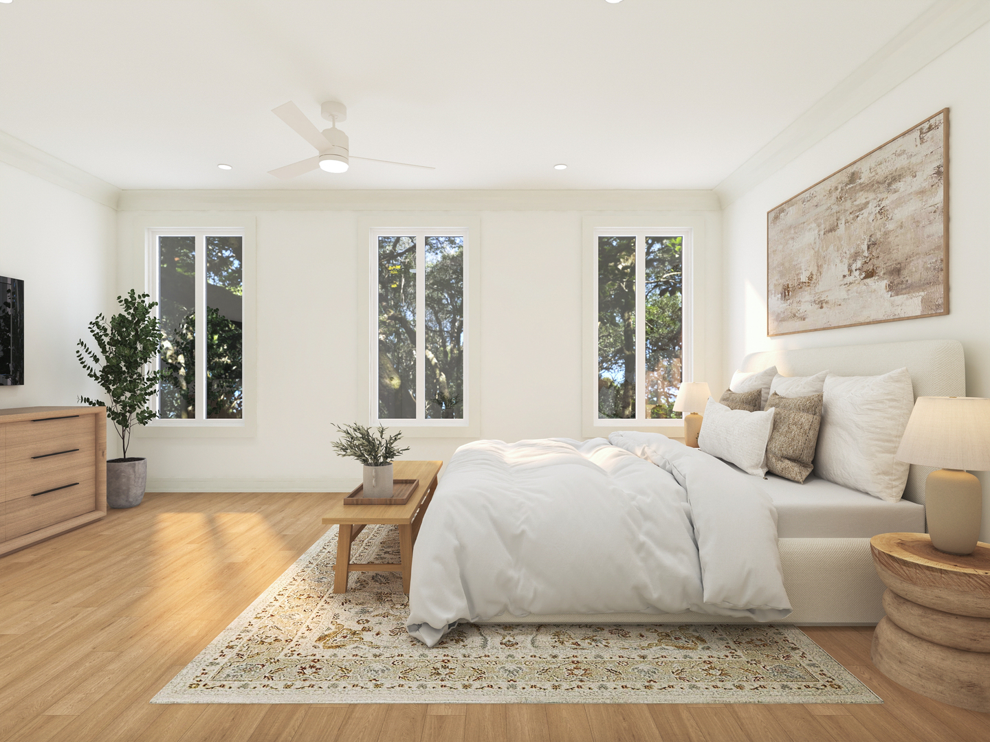 Staged bedroom with a white bed, three tall windows, and light wood floors.