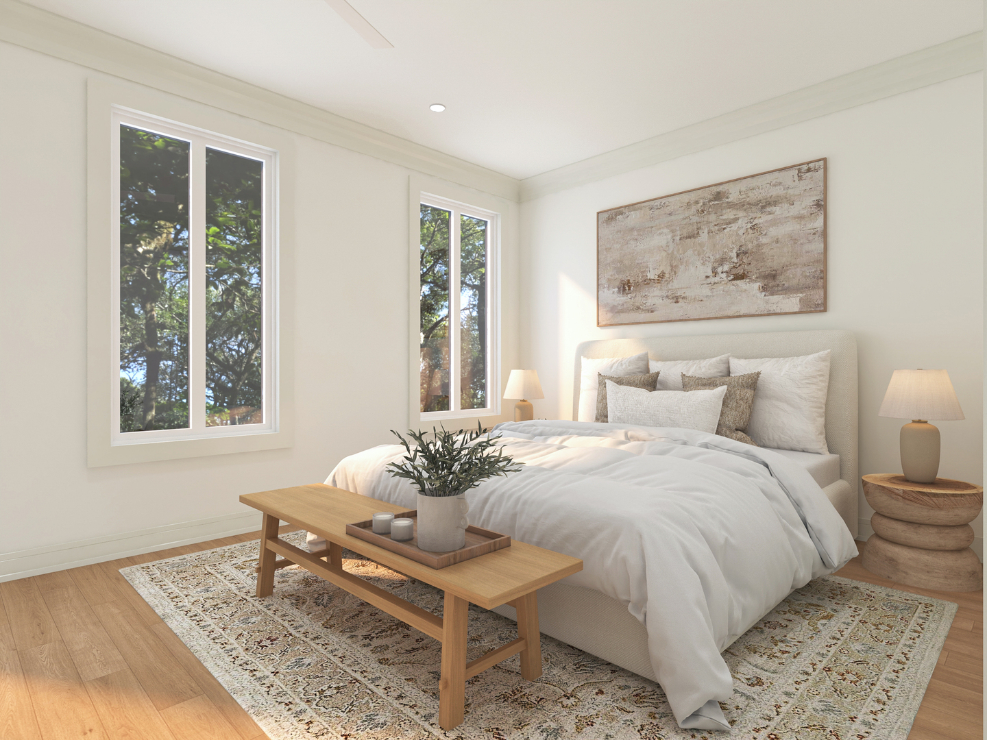 Bright bedroom with white bedding, tall windows overlooking trees, and a wooden bench at the foot of the bed.
