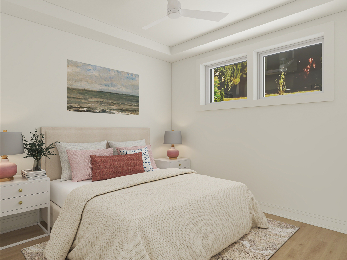Staged bedroom with an ivory bed, pink accent pillows, matching nightstands, and two high windows.
