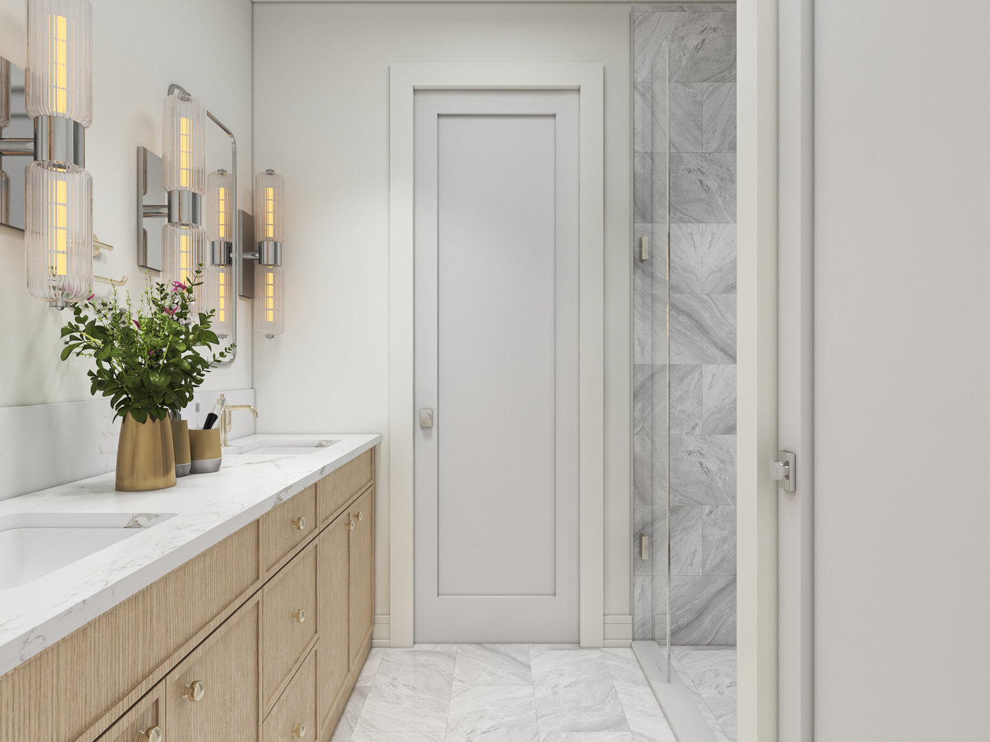 Bathroom with a marble-topped double vanity, light wood cabinets, and a glass-enclosed marble shower.