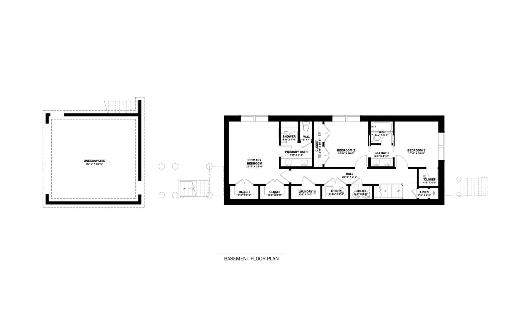 Basement floor plan with three bedrooms, two baths, closets, laundry, and utility rooms.