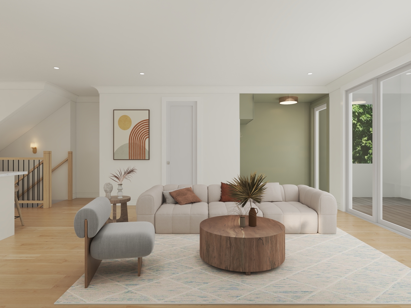 Furnished living room with a cream sectional, round wood coffee table, and sliding glass doors.