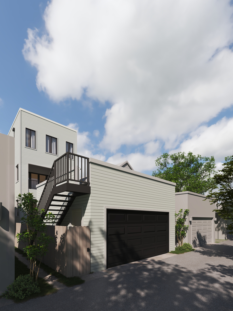 Modern residence with a black double garage door, exterior staircase, and upper-level balcony.