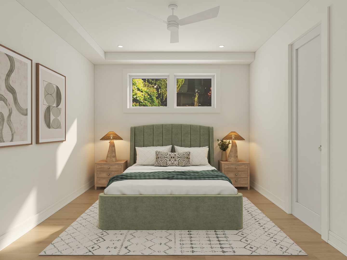 Bedroom with a green upholstered bed, paired wooden nightstands, and high windows overlooking greenery.