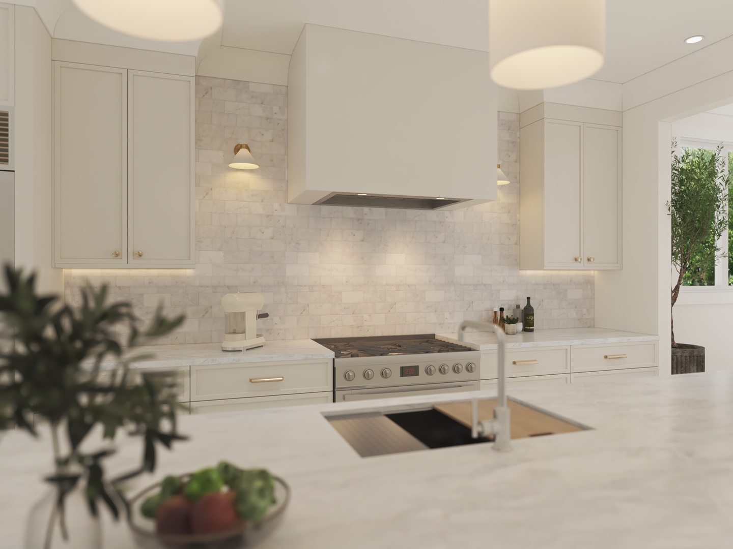 Kitchen with cream cabinetry, marble surfaces, a large range, and an island sink.
