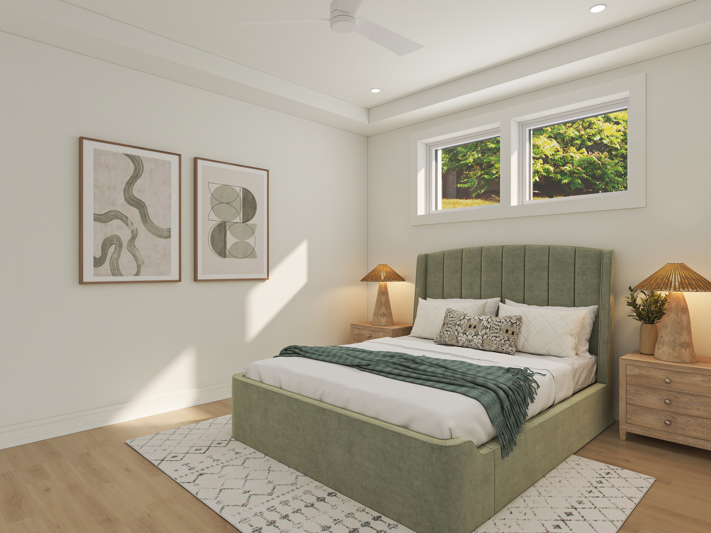 Bedroom with a green upholstered bed beneath high windows overlooking leafy greenery.