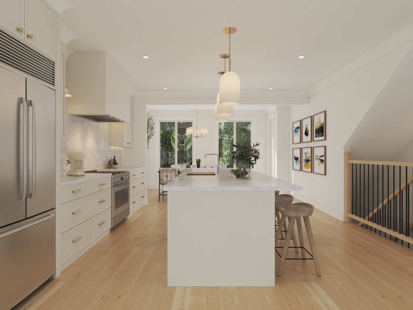 Bright white kitchen with a large island, pendant lights, and windows overlooking greenery.