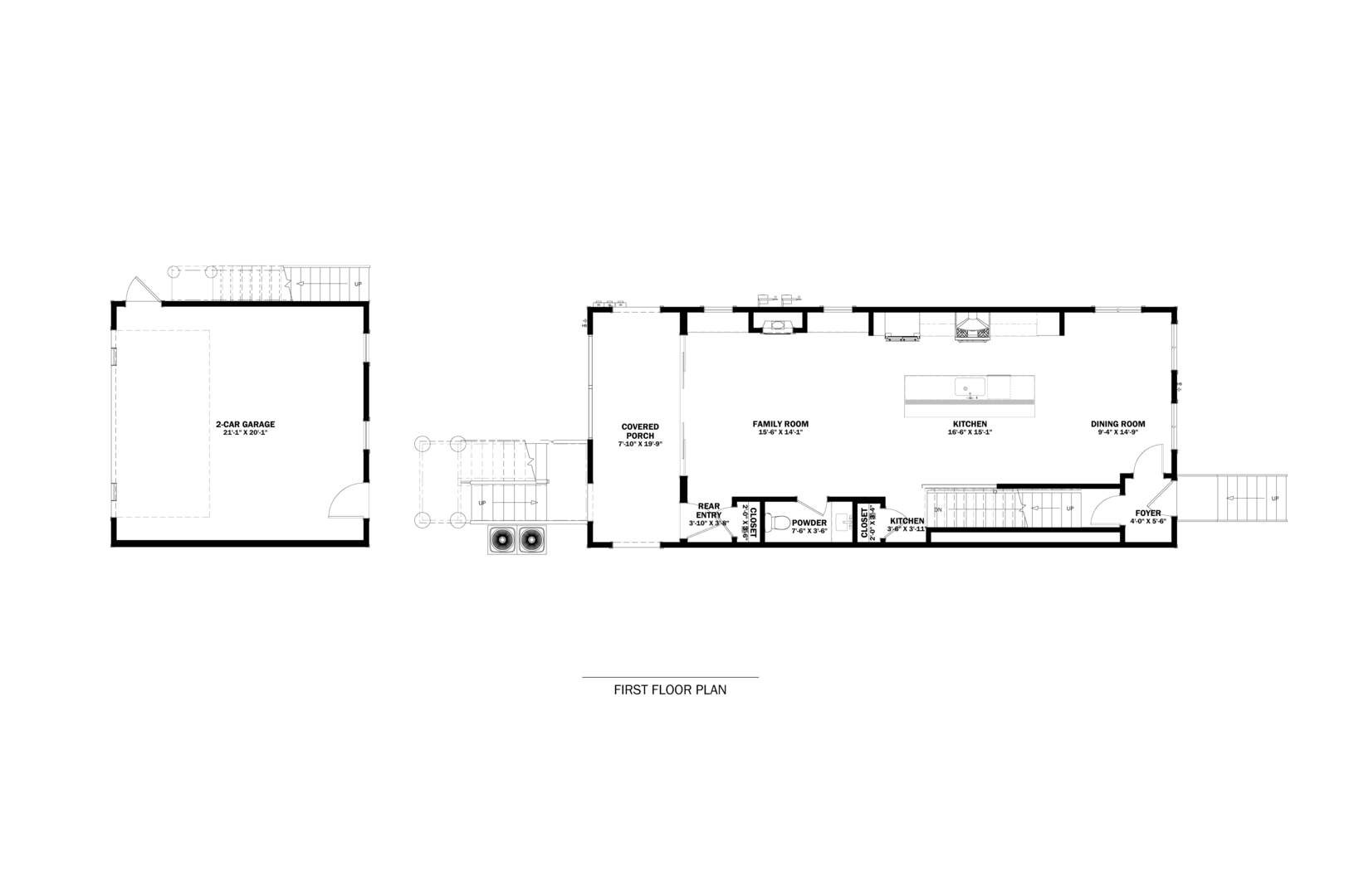 First-floor plan with a two-car garage, covered porch, family room, kitchen, and dining room.