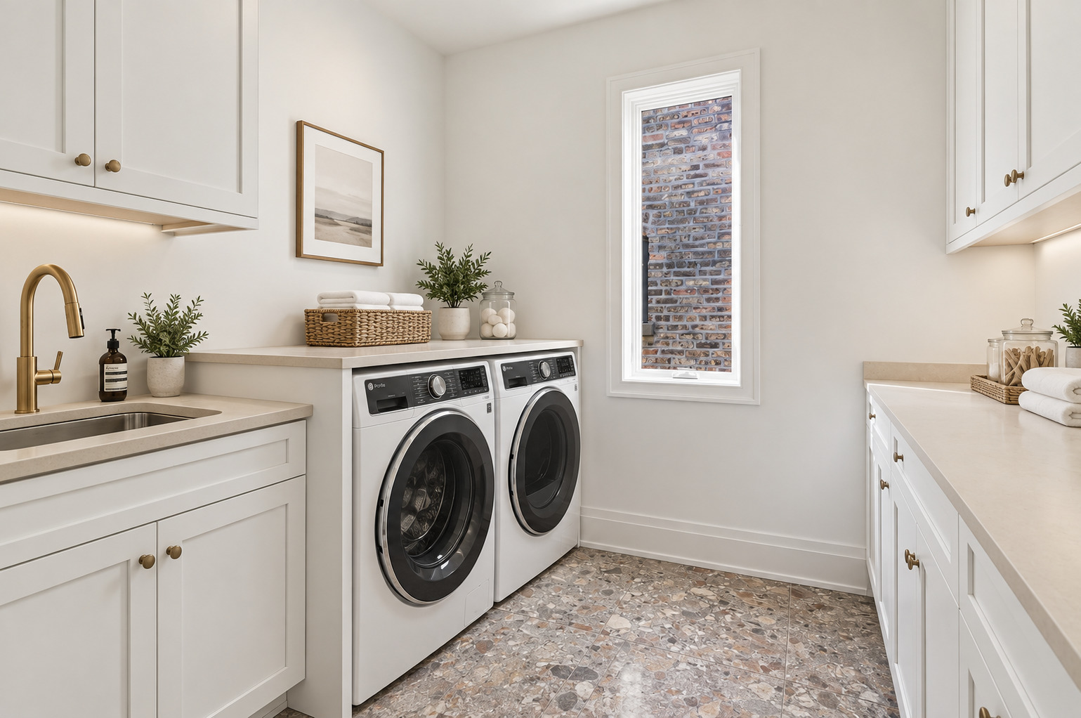 Laundry room with front-loading washer and dryer, white cabinetry, utility sink, and patterned tile floor.