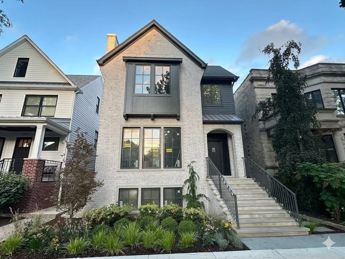 White-brick Chicago home with a peaked roof, broad front steps, and landscaped garden.