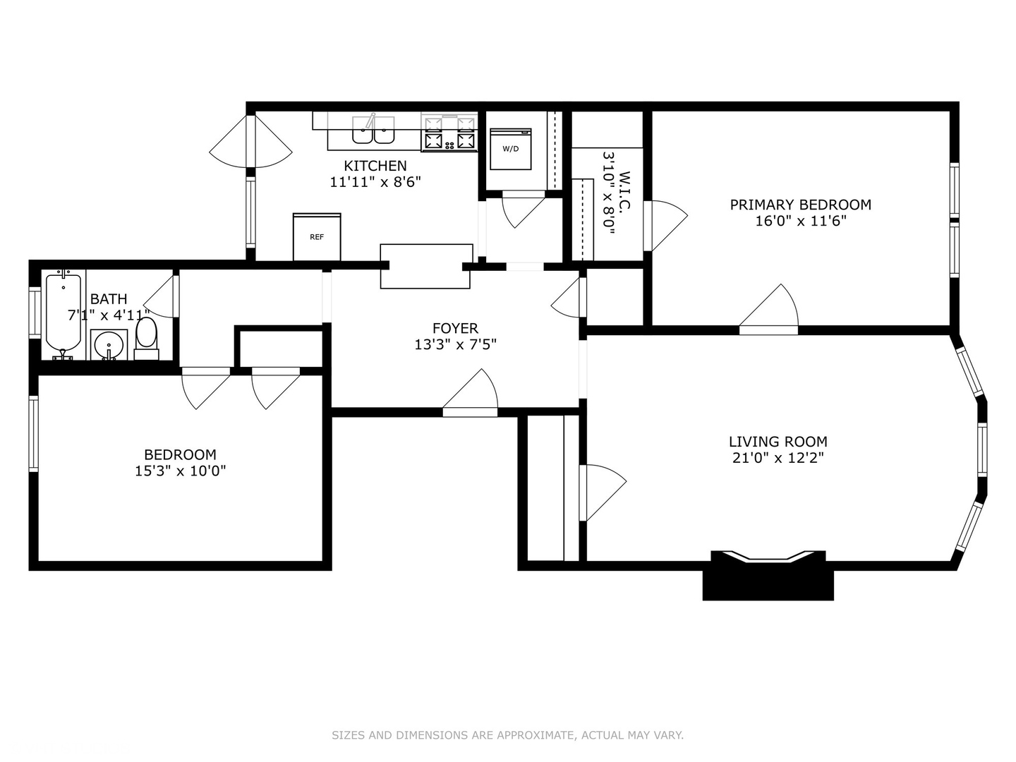 Floor plan of a two-bedroom apartment showing kitchen, living room, bath, foyer, and walk-in closet.