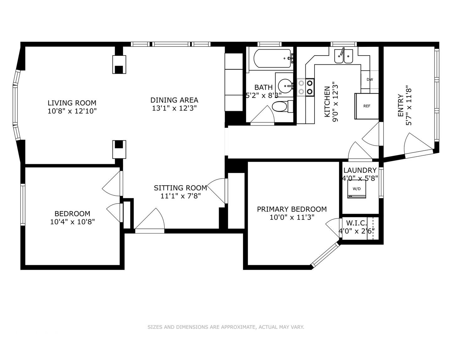 Two-bedroom floor plan with living, dining, kitchen, and laundry areas.
