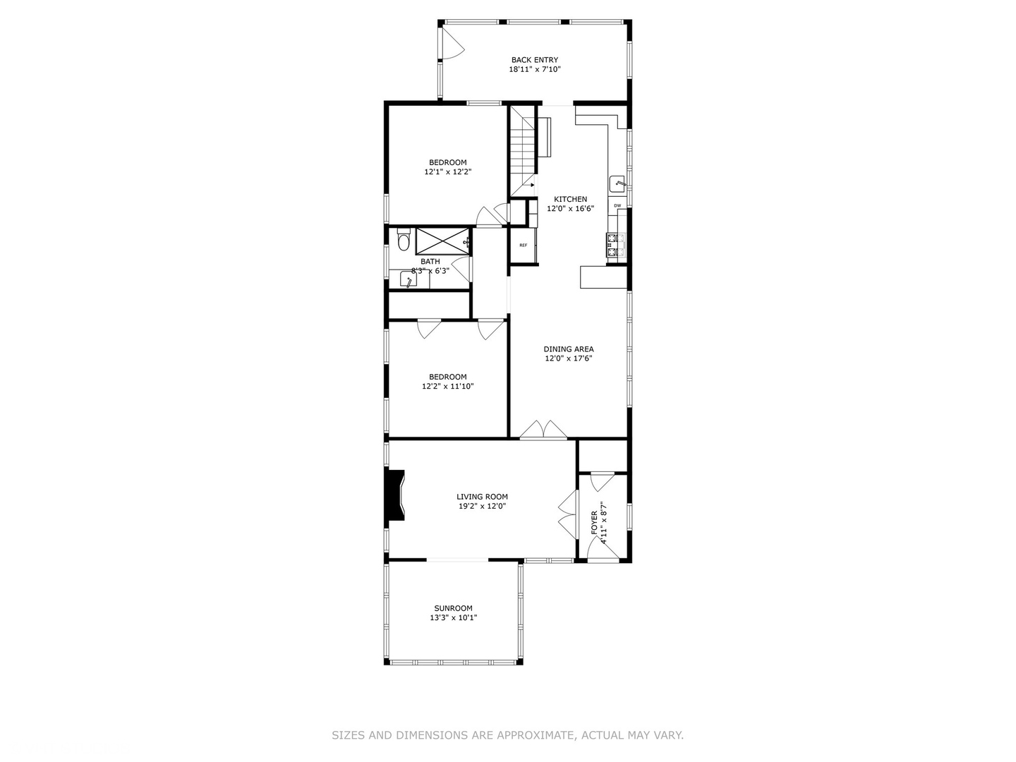 Floor plan showing two bedrooms, a kitchen, dining area, living room, sunroom, and back entry.