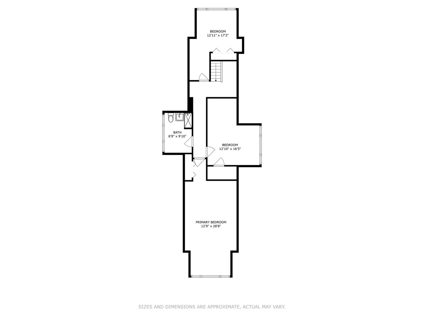 Floor plan showing three bedrooms, a bathroom, central stairs, and labeled room dimensions.