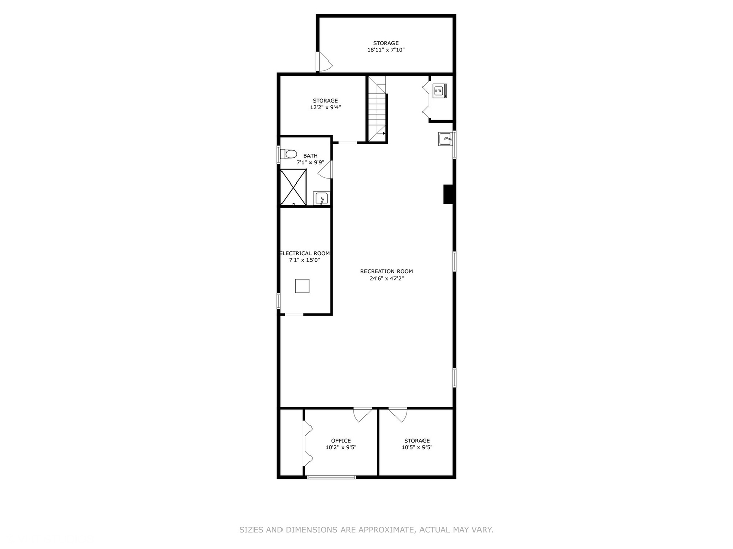 Basement floor plan with a large recreation room, office, bathroom, electrical room, and three storage areas.