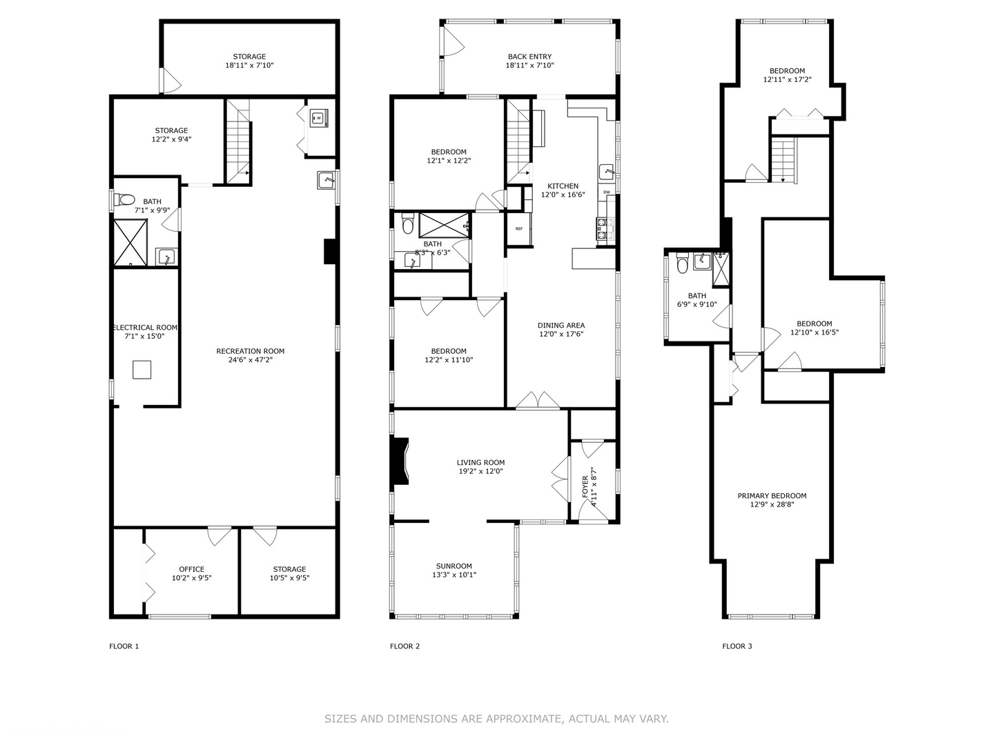 Three-level floor plan showing room layouts and approximate dimensions.