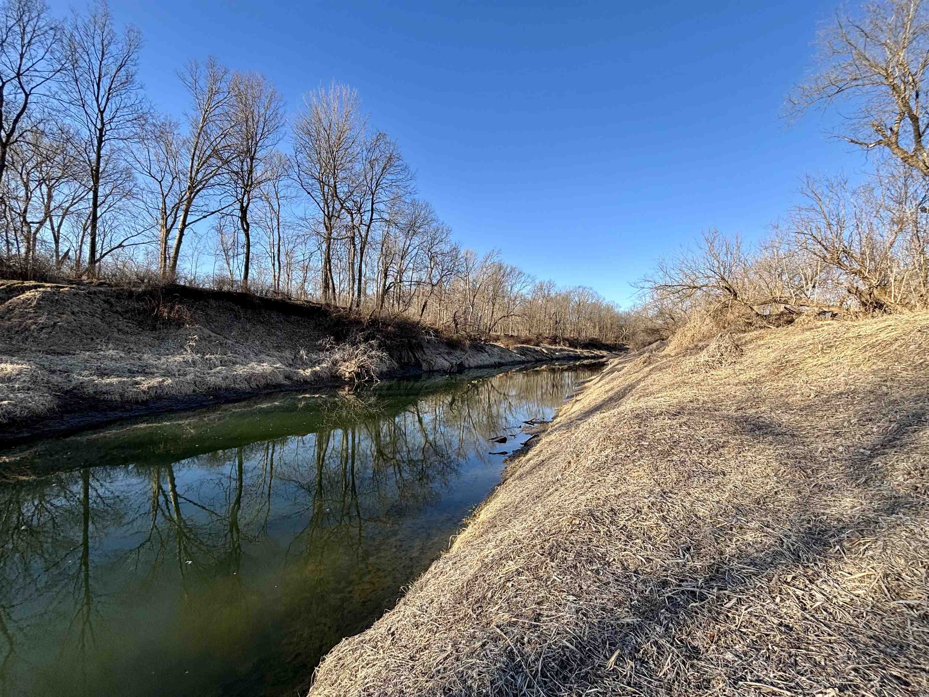 Wooded creek winding between grassy banks on a vacant rural property.