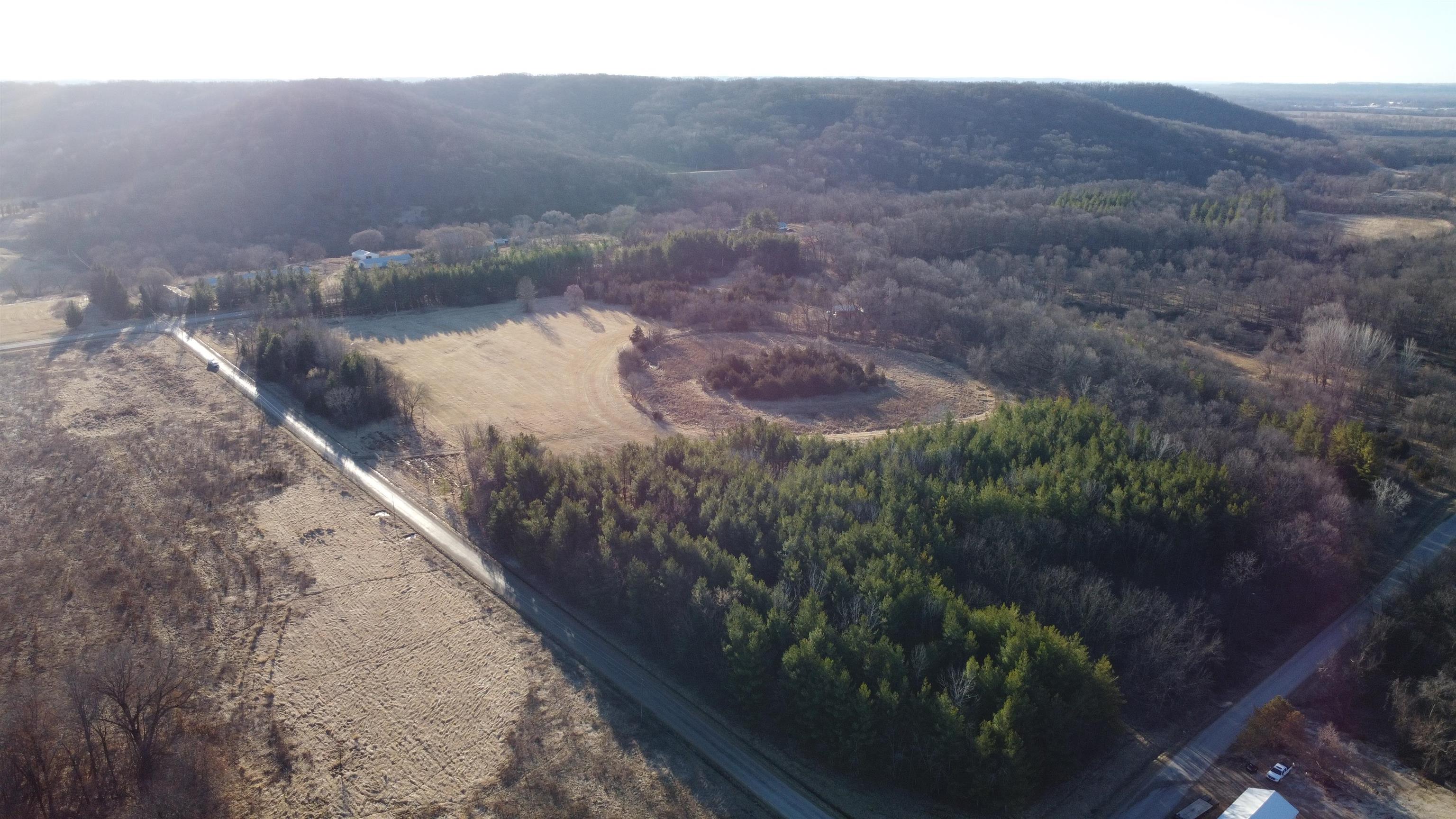 Aerial view of wooded vacant land bordered by fields and rural roads.