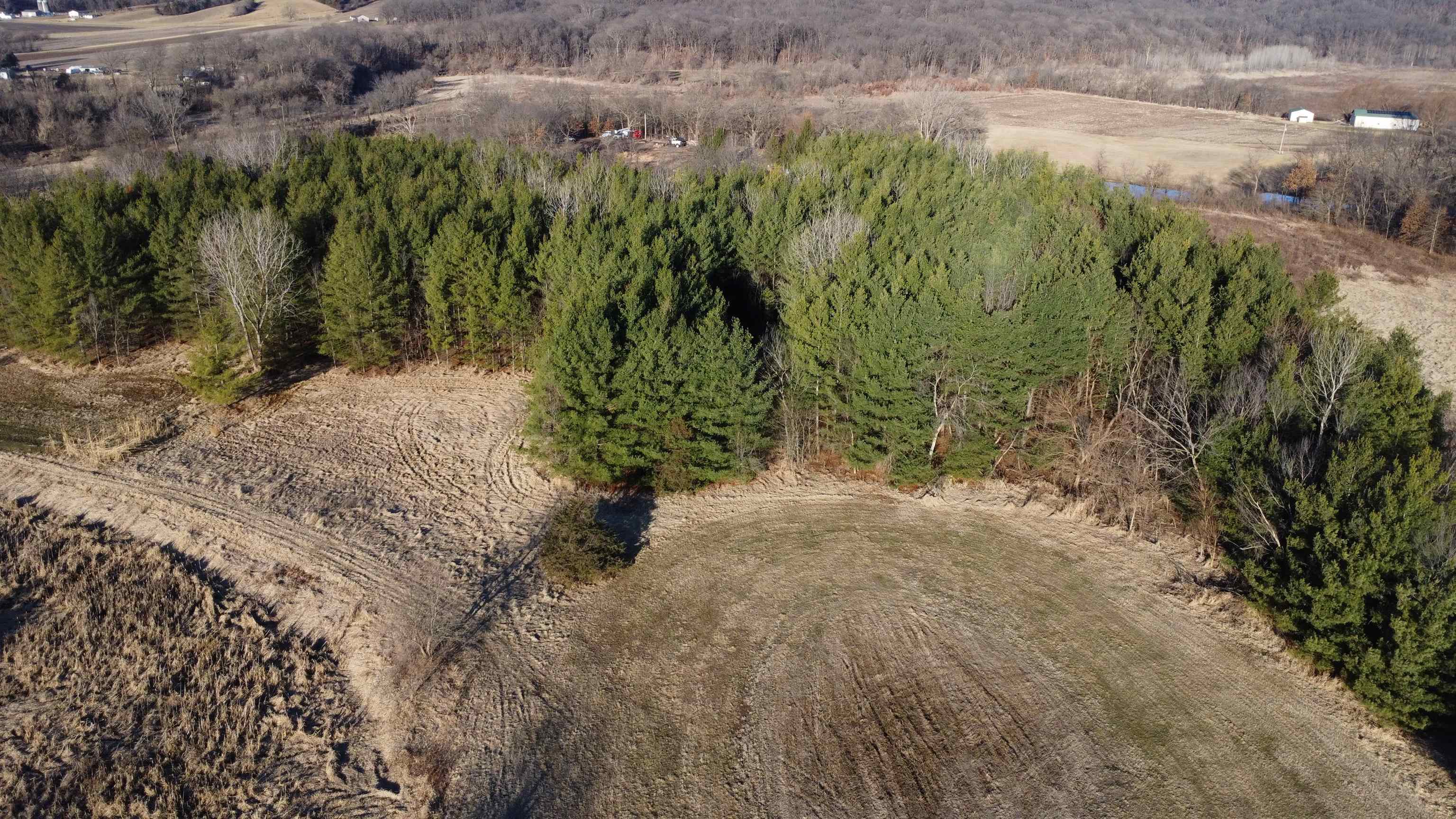Aerial view of a cleared rural parcel bordered by dense evergreen and leafless woods.
