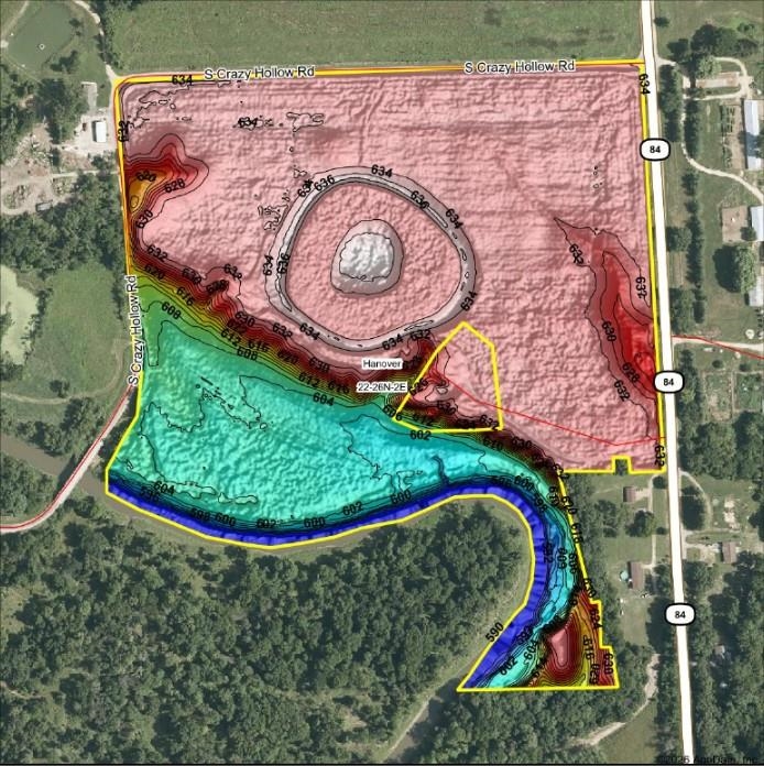 Topographic map of the TBD S Crazy Hollow Road property, showing parcel boundaries and elevation contours.