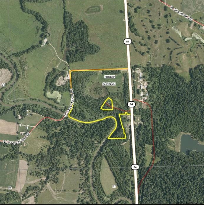 Aerial view of wooded land outlined in yellow near Hanover, Illinois, along Route 84.