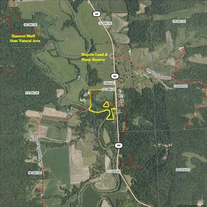 Aerial view of rural land outlined in yellow near S Crazy Hollow Road.