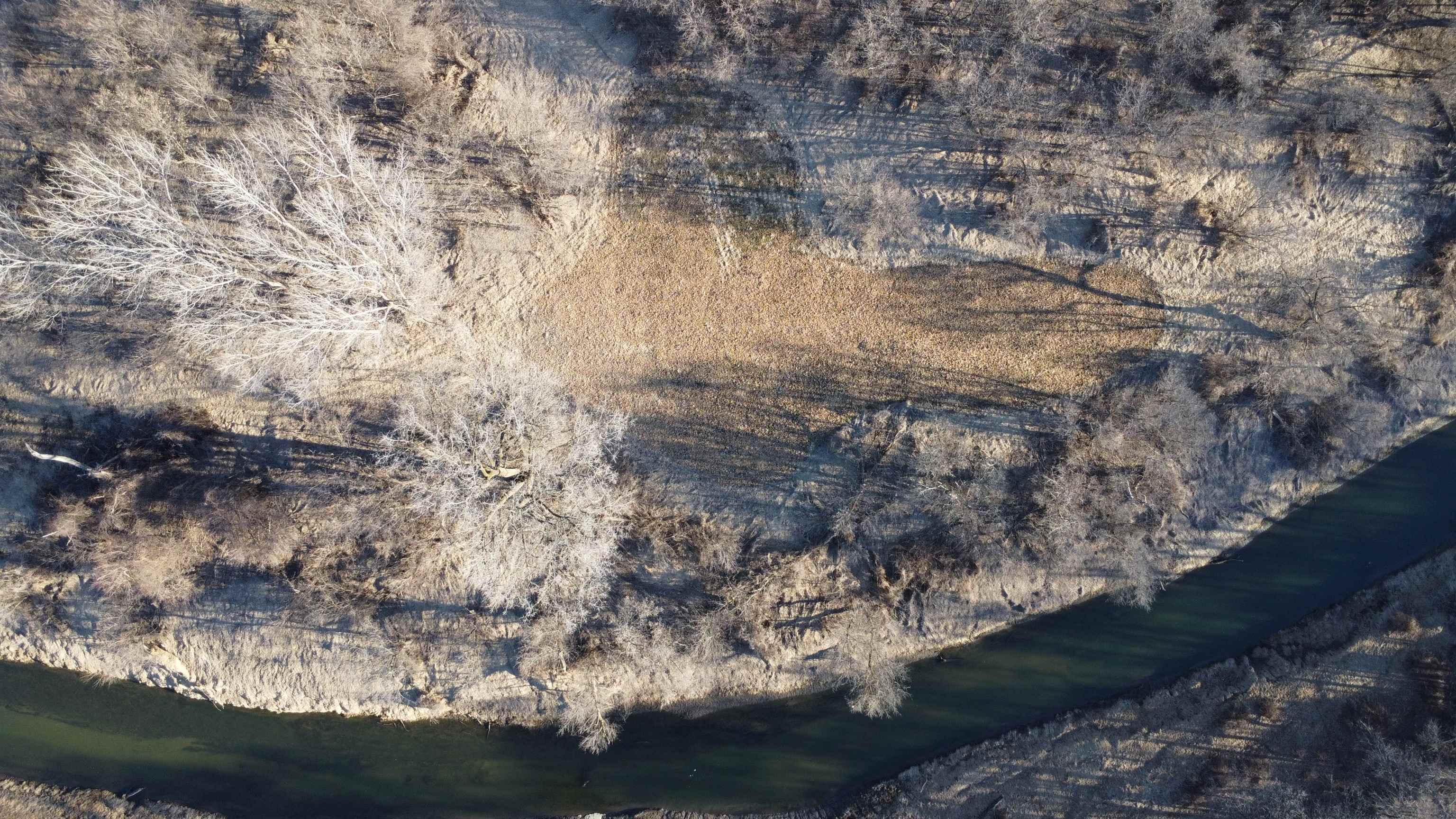 Aerial view of wooded land bordered by a winding river.