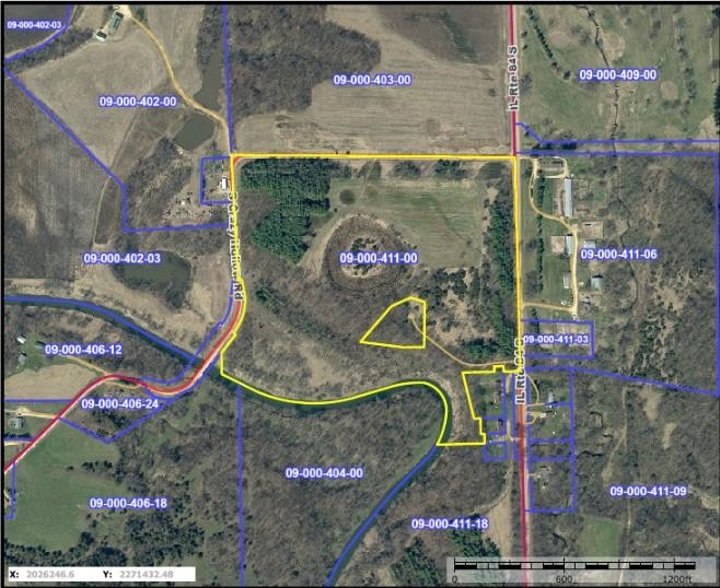 Parcel map outlining a wooded and open tract along S Crazy Hollow Road near Hanover, Illinois.