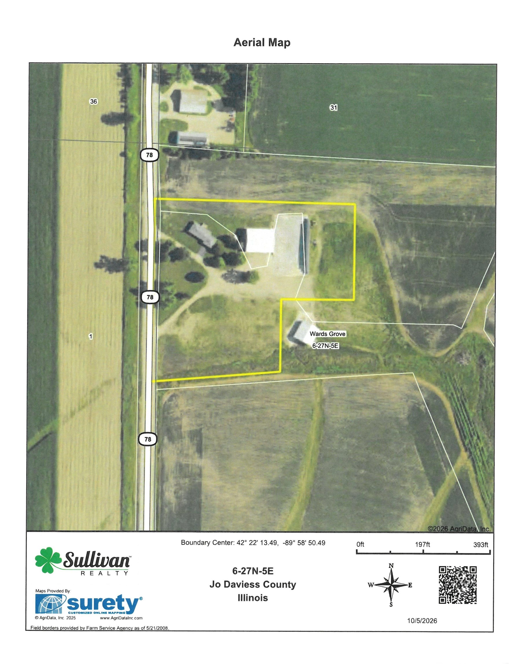 Aerial parcel map outlining a rural property beside Route 78 in Jo Daviess County, Illinois.