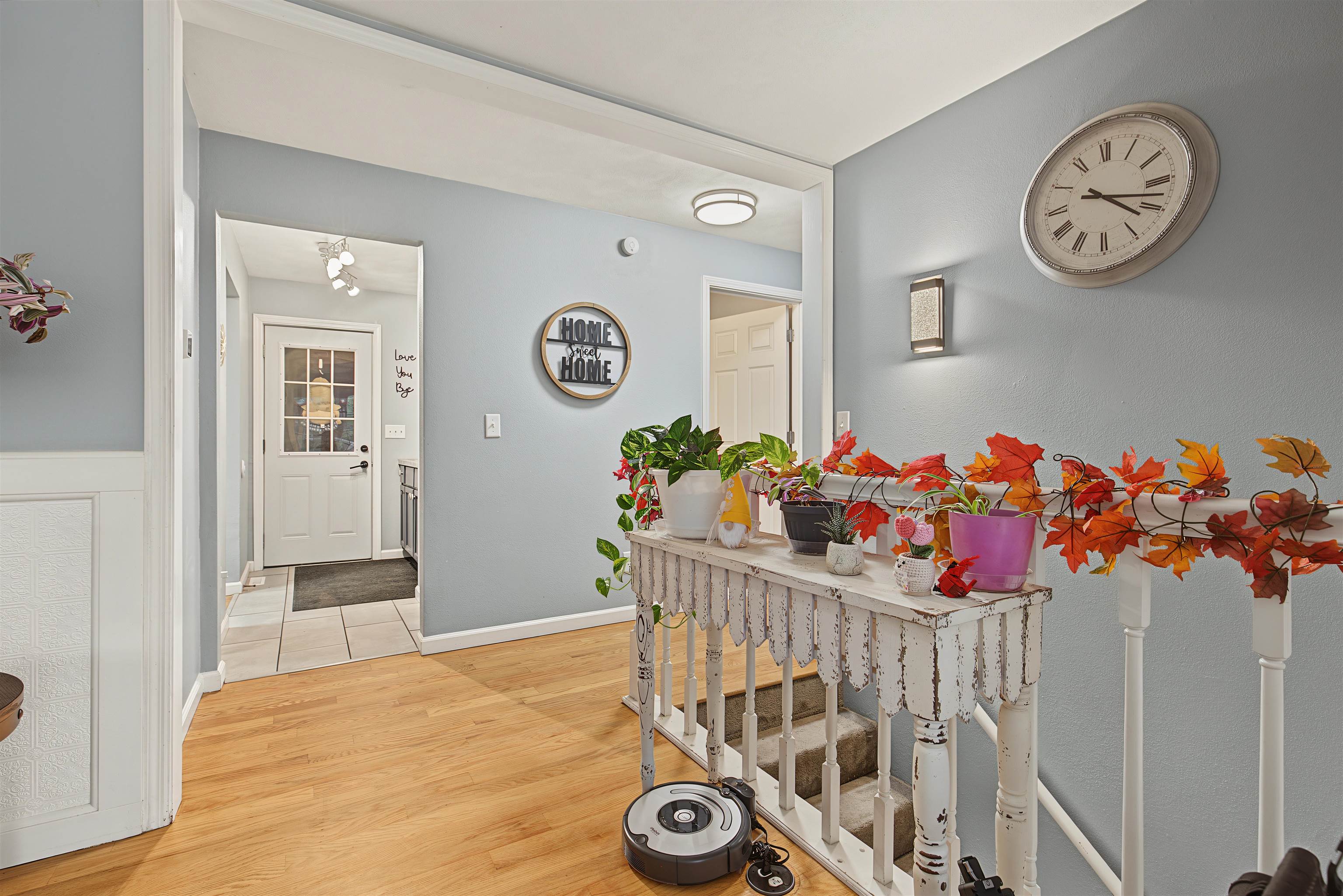 Entryway with a distressed white console table, potted plants, autumn leaves, and a robot vacuum.