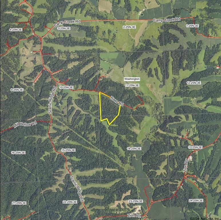 Aerial parcel map outlining wooded land along Haas Road near Savanna, Illinois.