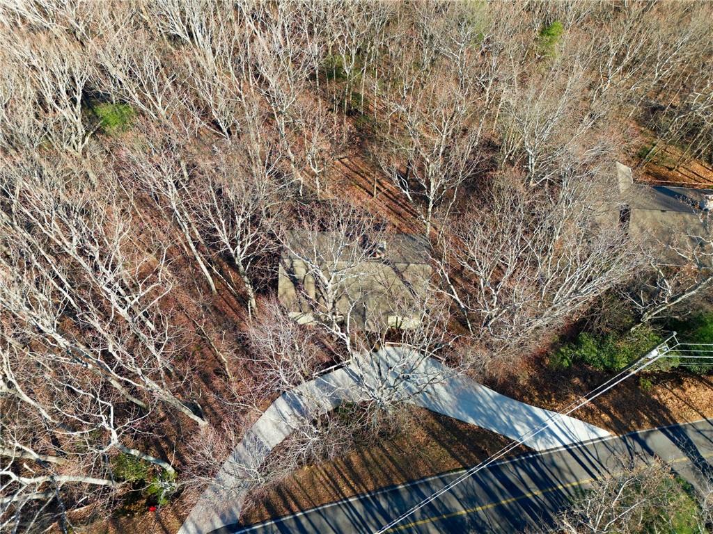 Aerial view of a house partly hidden among leafless trees, with a driveway leading to the road.