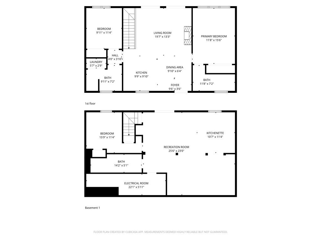 Two-level floor plan showing the first floor and basement, with room names and measurements.