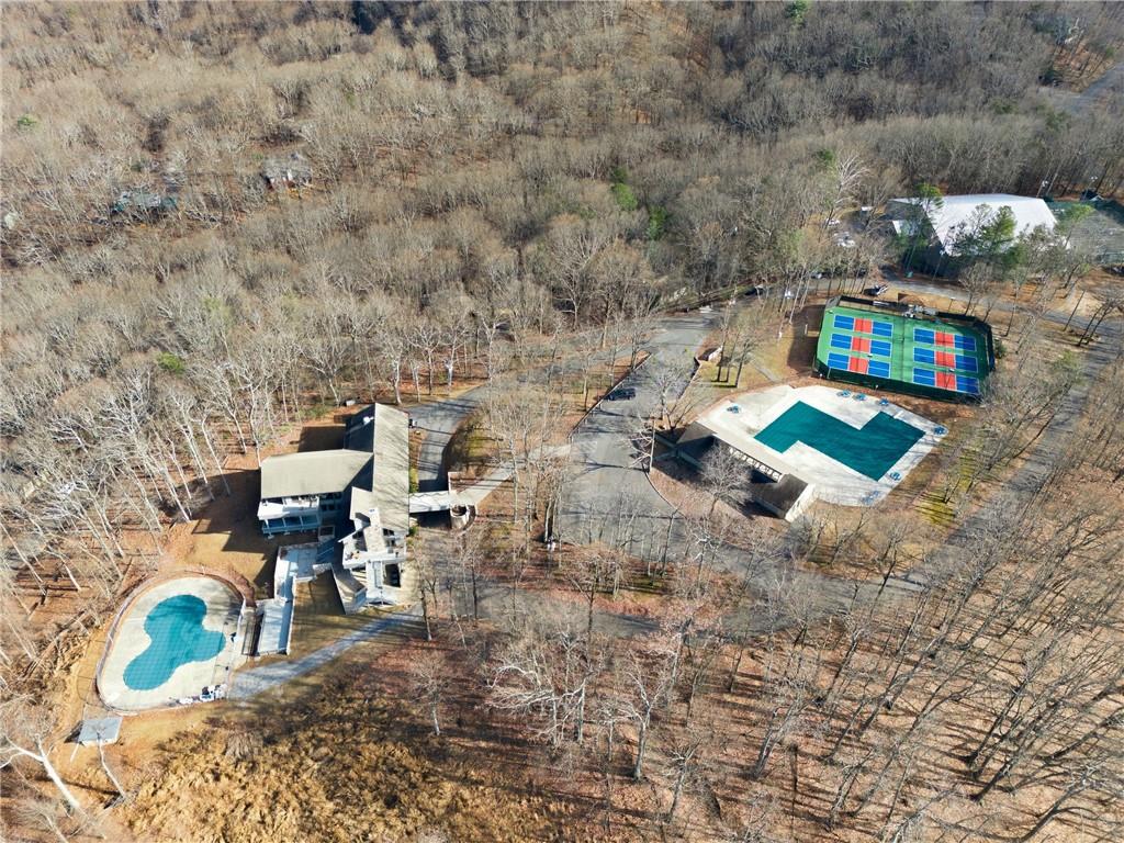 Wooded property with a house, two swimming pools, and a colorful tennis court.
